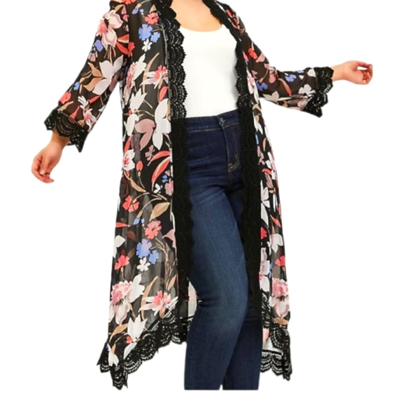 torrid Tops - NWOT TORRID SHEER KIMONO WITH LACE TRIM SZ. 1/2